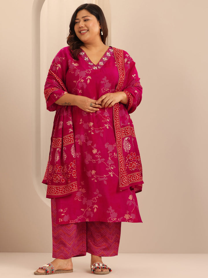 Plus Size Red Printed Silk Blend Straight Suit Set With Dupatta