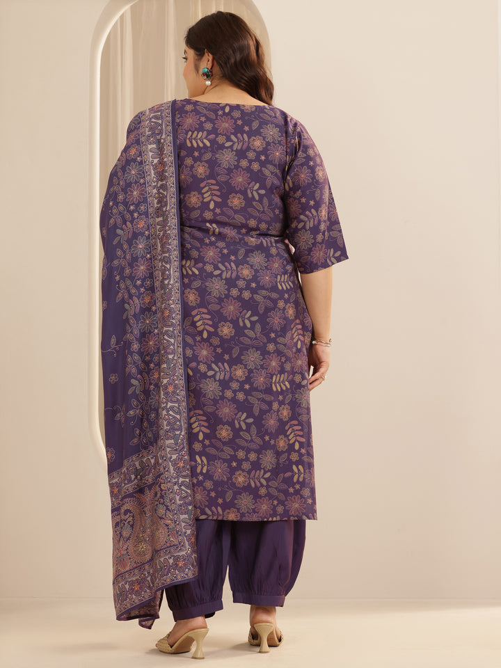 Plus Size Purple Printed Silk blend Straight Suit Set With Dupatta