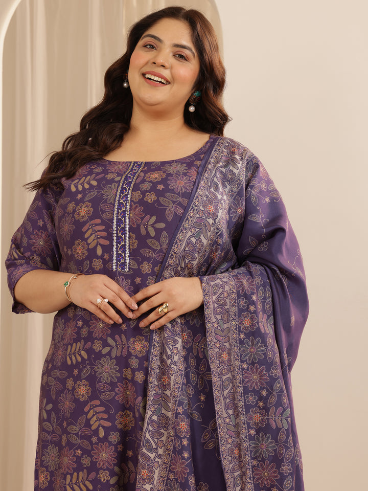 Plus Size Purple Printed Silk blend Straight Suit Set With Dupatta