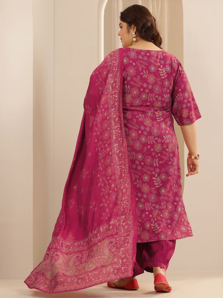Plus Size Pink Printed Silk blend Straight Suit Set With Dupatta