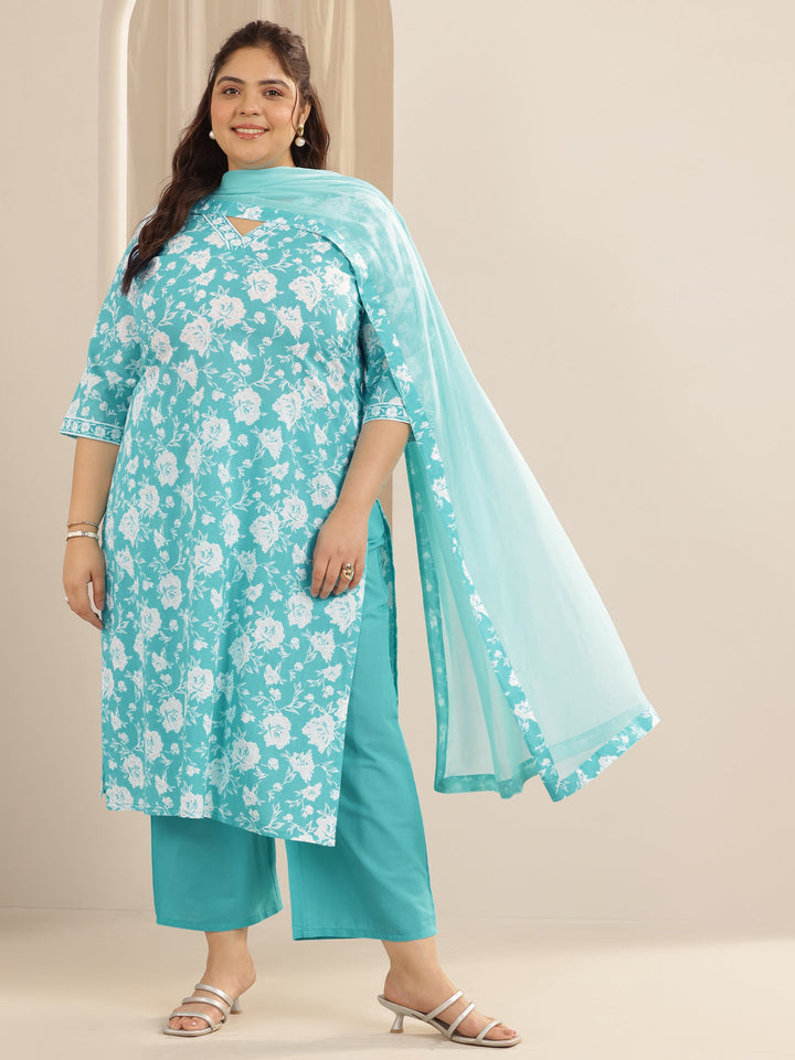 Plus Size Blue Printed Cotton Straight Suit Set With Dupatta