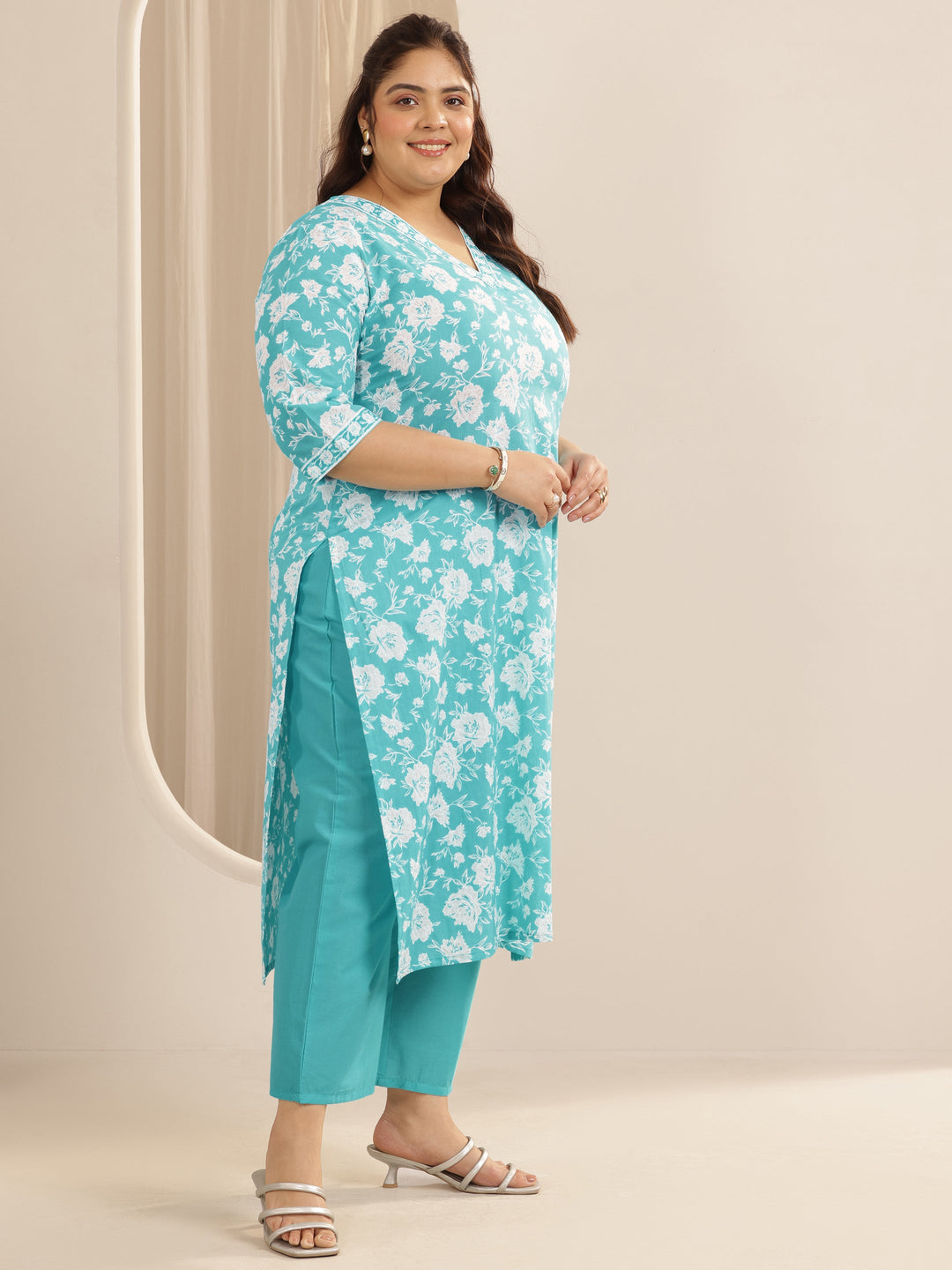 Plus Size Blue Printed Cotton Straight Suit Set With Dupatta