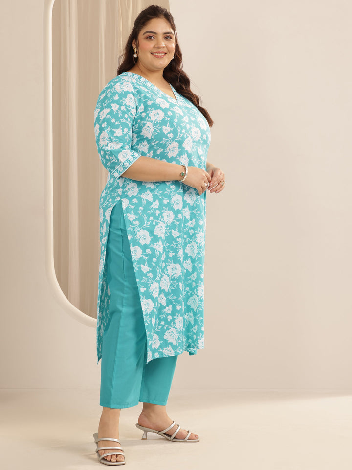 Plus Size Blue Printed Cotton Straight Suit Set With Dupatta