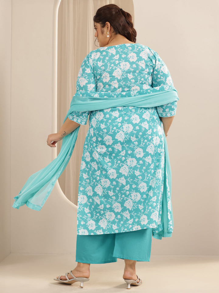 Plus Size Blue Printed Cotton Straight Suit Set With Dupatta