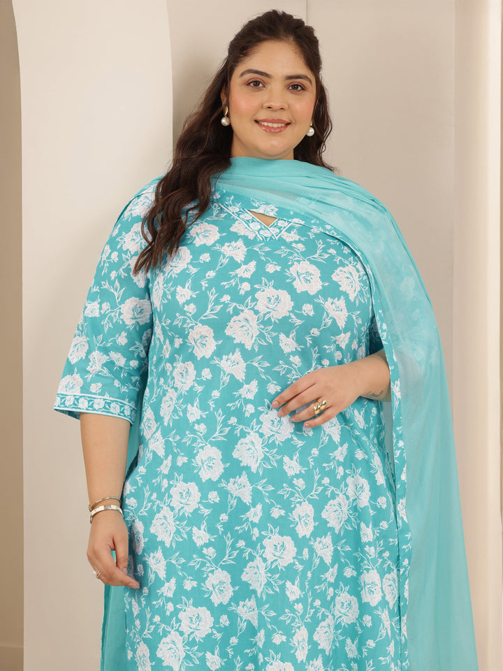 Plus Size Blue Printed Cotton Straight Suit Set With Dupatta