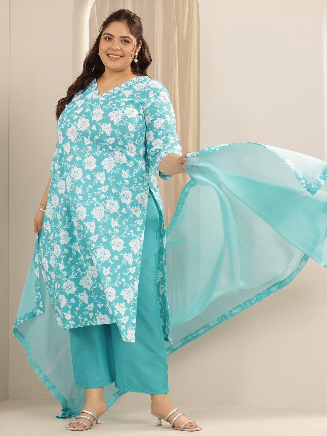 Plus Size Blue Printed Cotton Straight Suit Set With Dupatta
