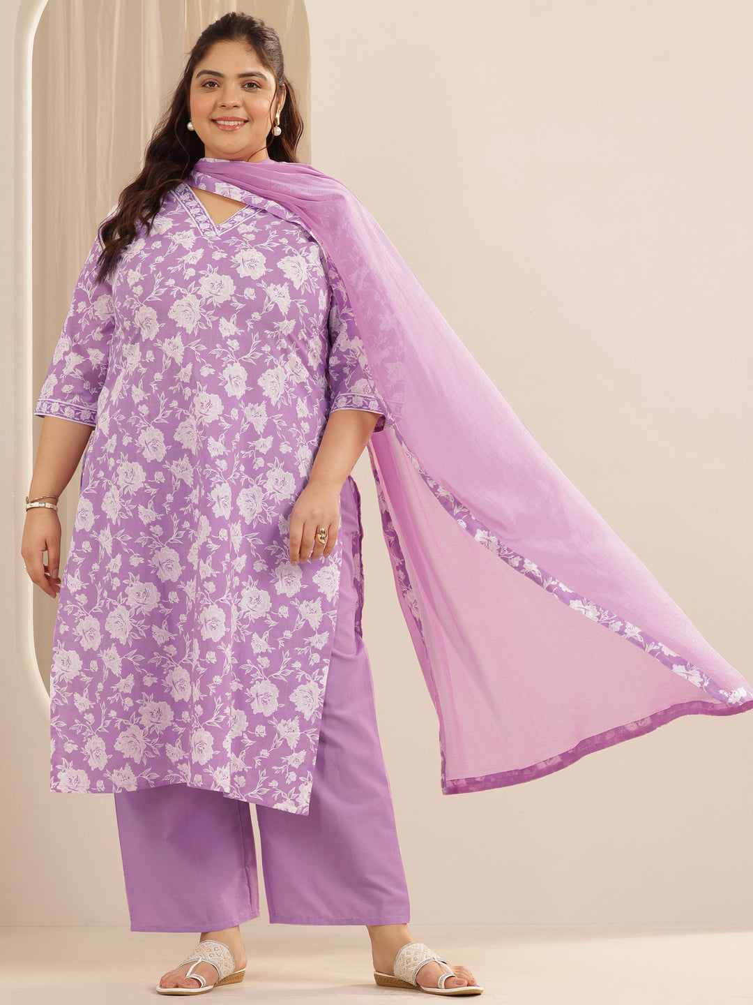Plus Size Lavender Printed Cotton Straight Suit Set With Dupatta