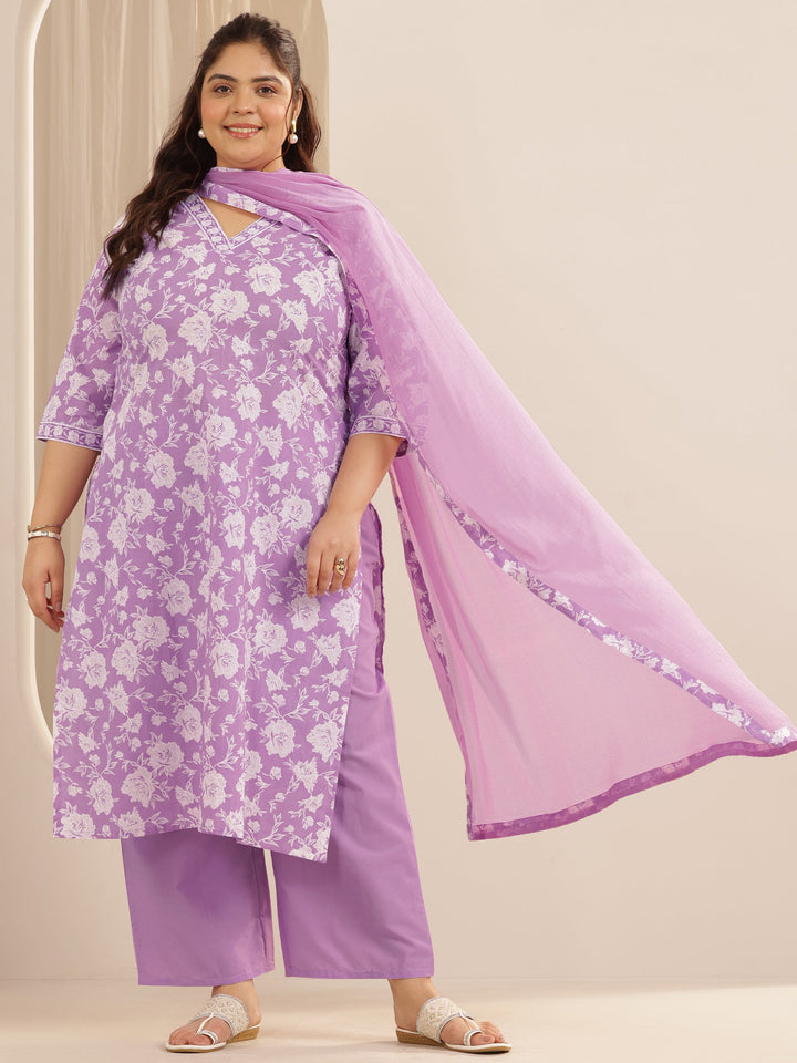 Plus Size Lavender Printed Cotton Straight Suit Set With Dupatta