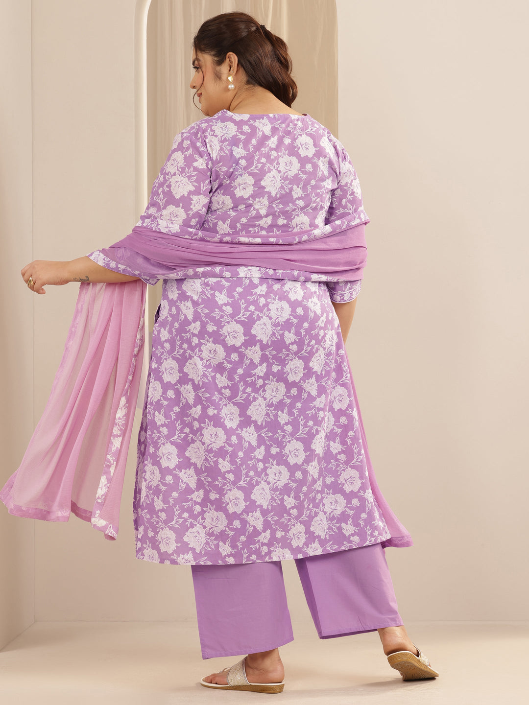 Plus Size Lavender Printed Cotton Straight Suit Set With Dupatta