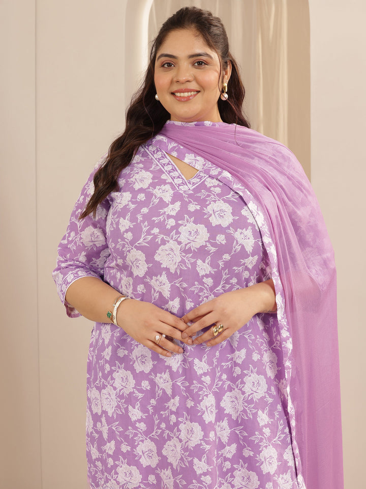 Plus Size Lavender Printed Cotton Straight Suit Set With Dupatta