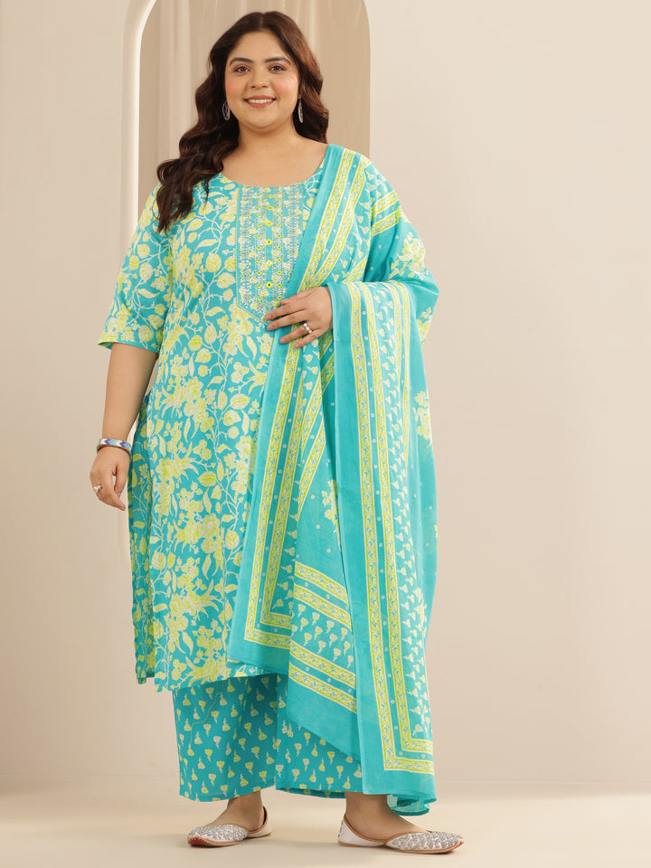 Plus Size Blue Printed Cotton Straight Suit Set With Dupatta