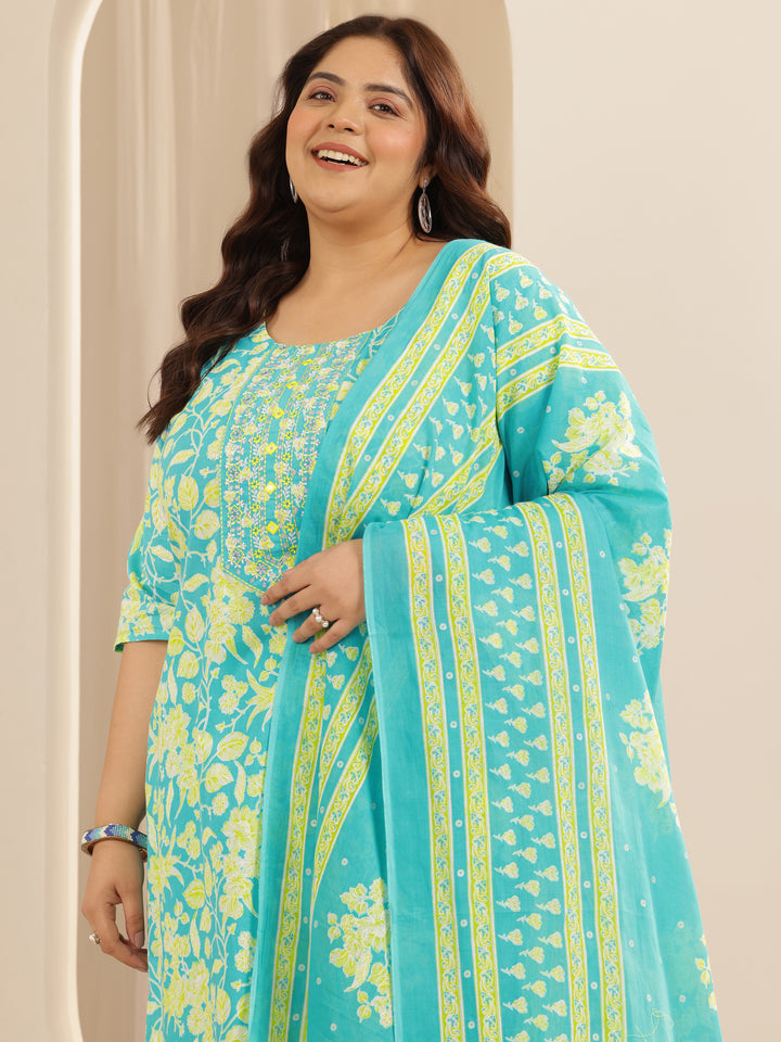 Plus Size Blue Printed Cotton Straight Suit Set With Dupatta
