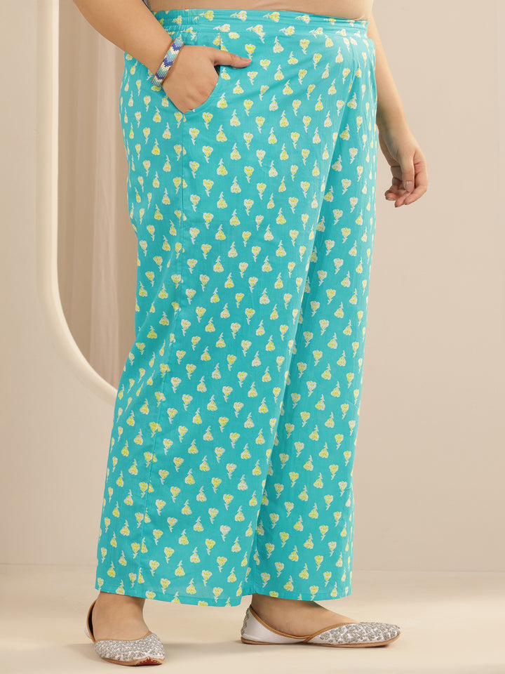 Plus Size Blue Printed Cotton Straight Suit Set With Dupatta