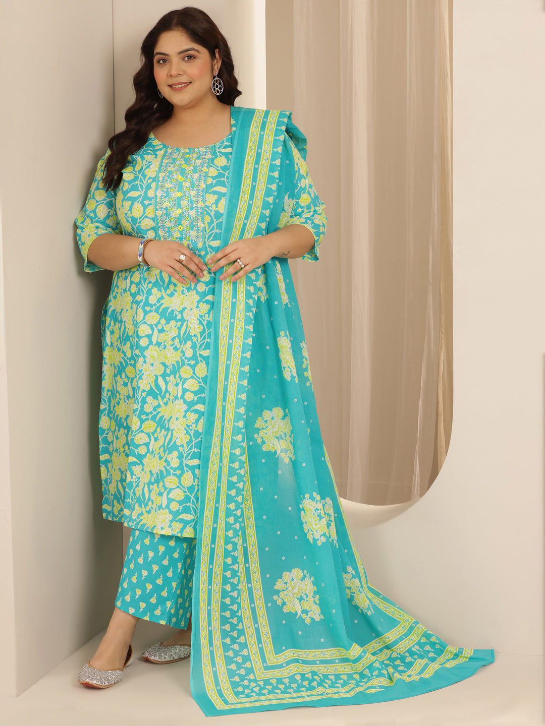 Plus Size Blue Printed Cotton Straight Suit Set With Dupatta