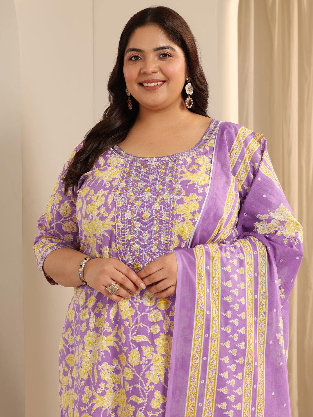 Lavender Printed Cotton Straight Suit Set With Dupatta