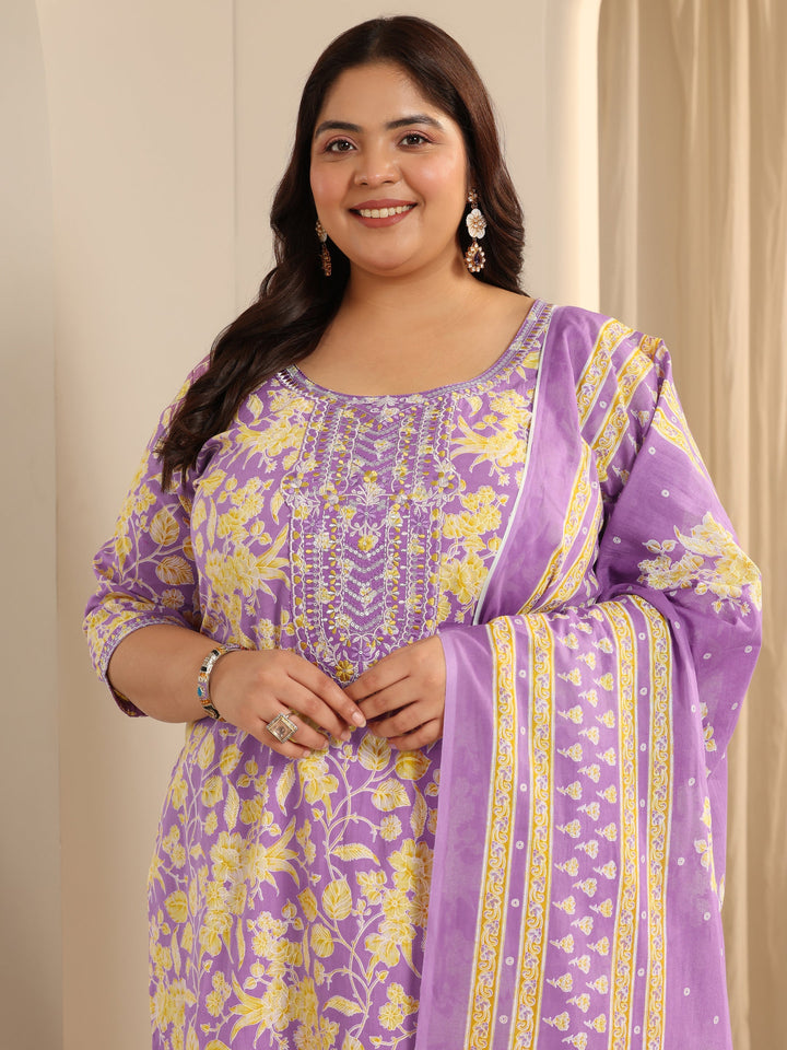 Lavender Printed Cotton Straight Suit Set With Dupatta