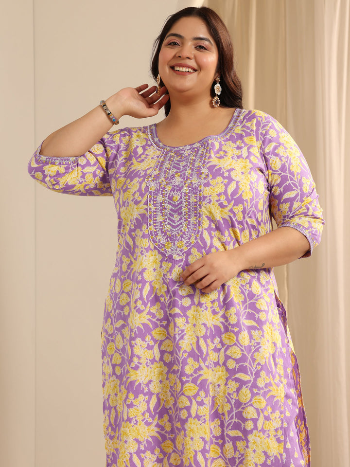 Lavender Printed Cotton Straight Suit Set With Dupatta