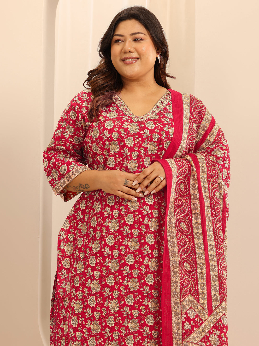 Plus Size Red Printed Cotton Straight Suit Set With Dupatta