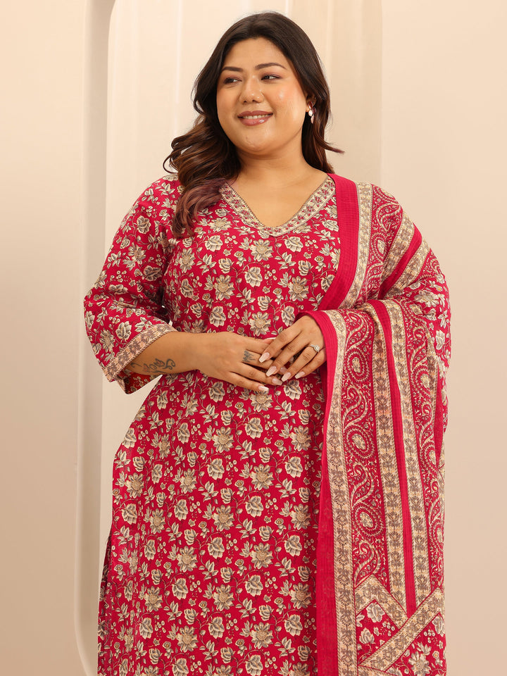 Plus Size Red Printed Cotton Straight Suit Set With Dupatta