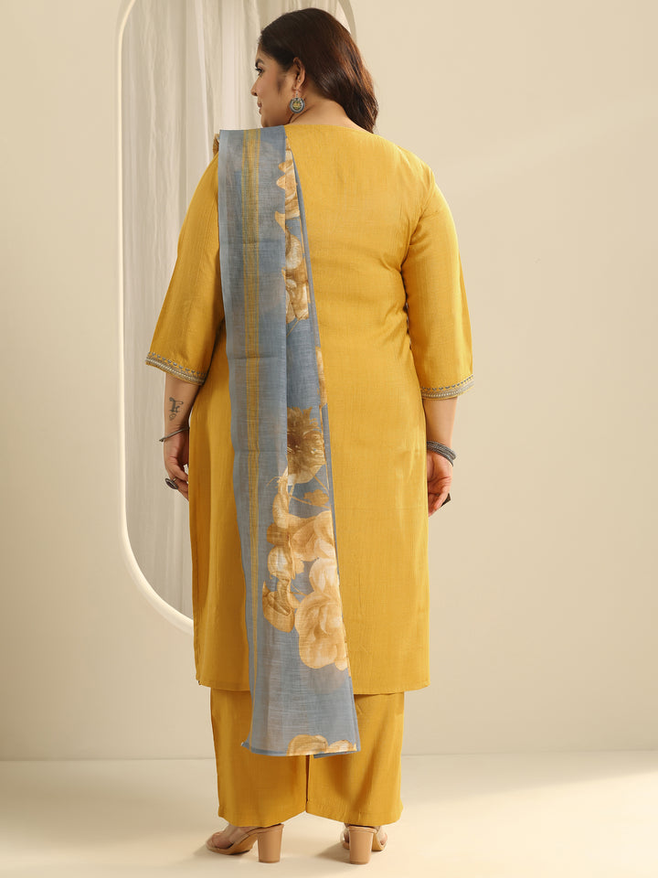 Plus Size Mustard Printed cotton blend Straight Suit Set With Dupatta
