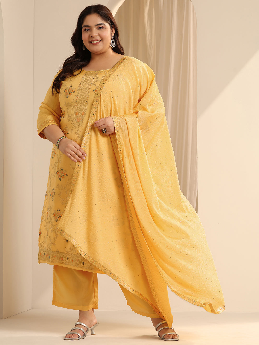 Plus Size Yellow Woven Design Silk blend Straight Suit Set With Dupatta