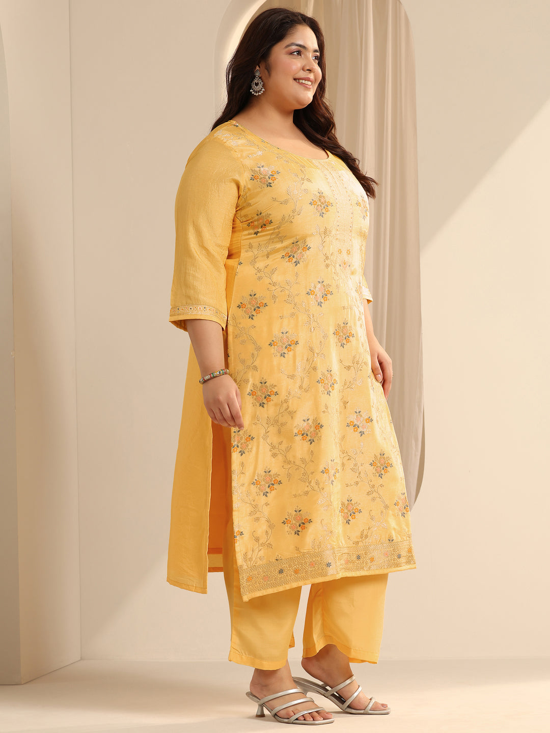 Plus Size Yellow Woven Design Silk blend Straight Suit Set With Dupatta