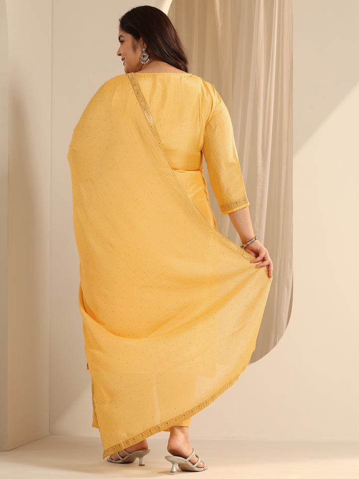 Plus Size Yellow Woven Design Silk blend Straight Suit Set With Dupatta