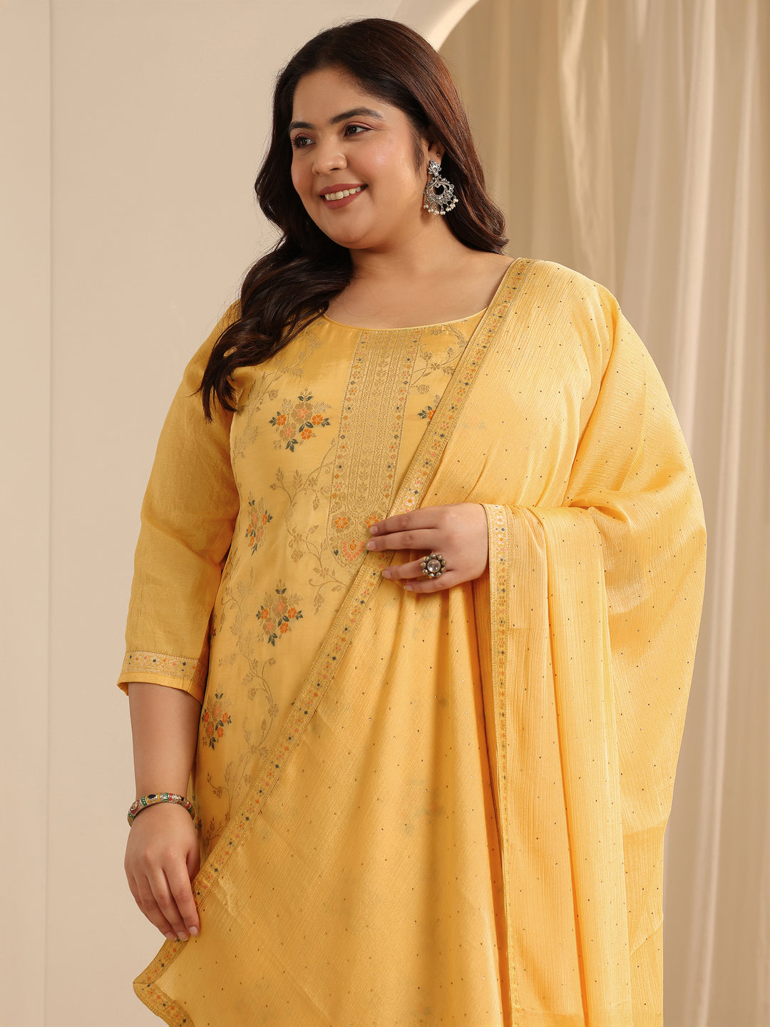 Plus Size Yellow Woven Design Silk blend Straight Suit Set With Dupatta