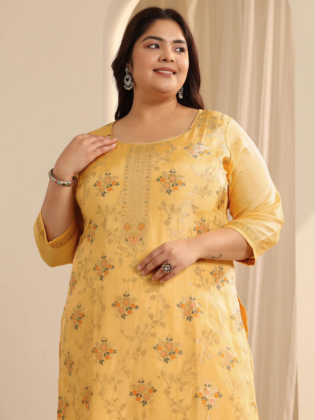 Plus Size Yellow Woven Design Silk blend Straight Suit Set With Dupatta