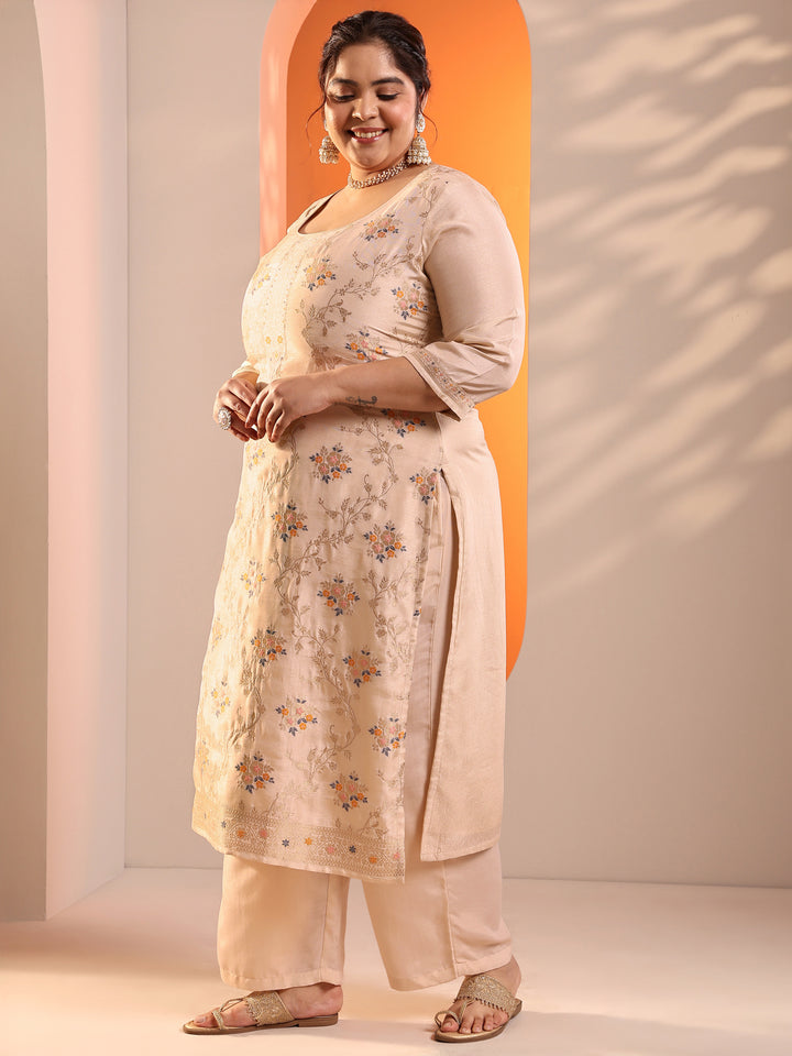 Plus Size Beige Woven Design Silk Blend Straight Suit Set With Dupatta