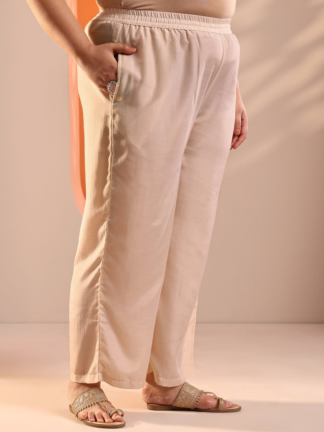 Plus Size Beige Woven Design Silk Blend Straight Suit Set With Dupatta