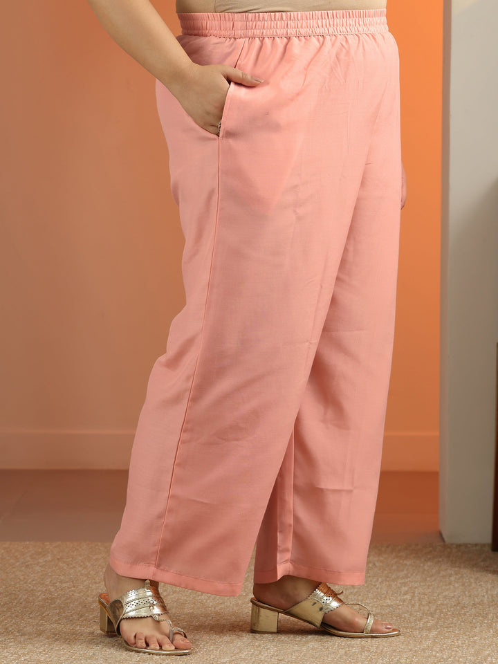 Plus Size Peach Embroidered Chiffon Straight Suit Set With Dupatta