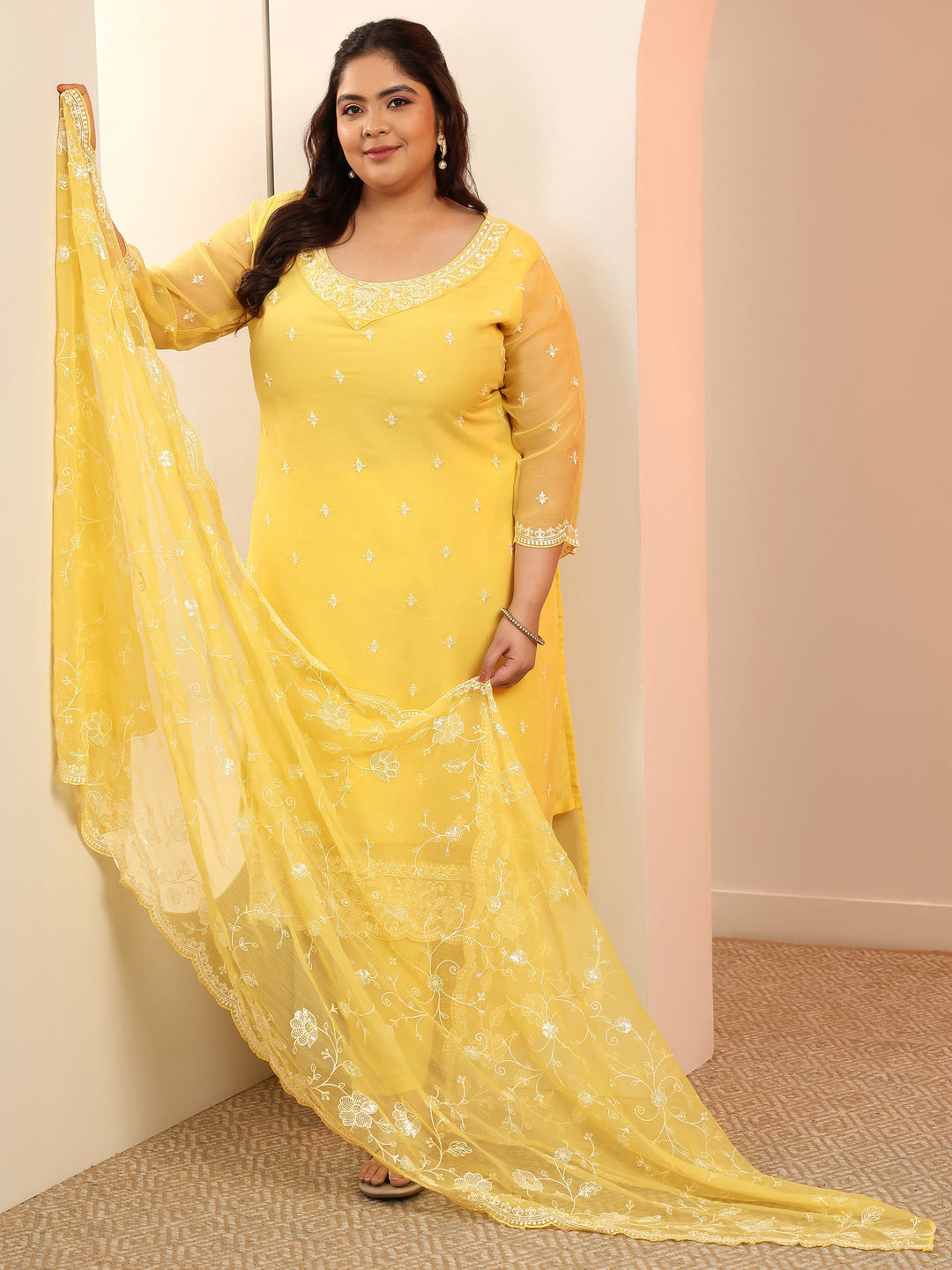 Plus Size Yellow Embroidered Chiffon Straight Suit Set With Dupatta