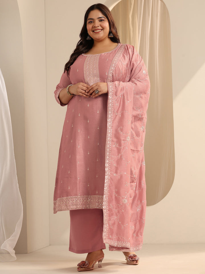 Peach Embroidered Silk blend Straight Suit Set With Dupatta