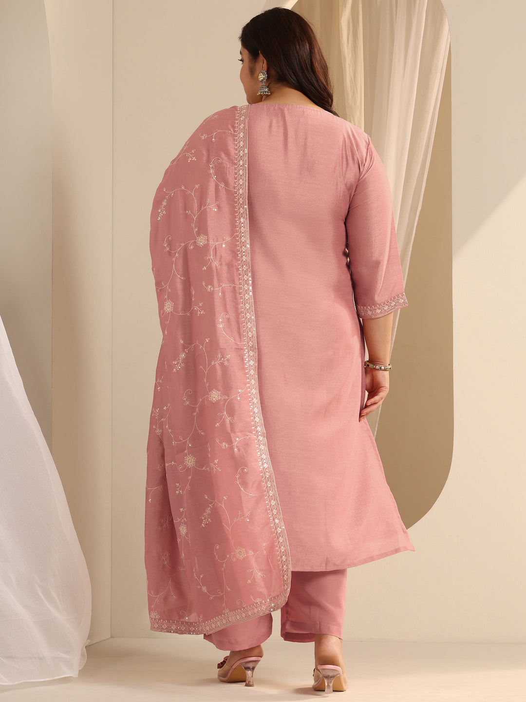 Peach Embroidered Silk blend Straight Suit Set With Dupatta