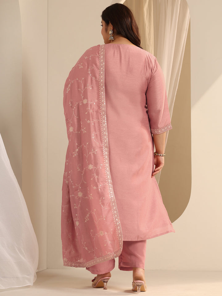 Peach Embroidered Silk blend Straight Suit Set With Dupatta