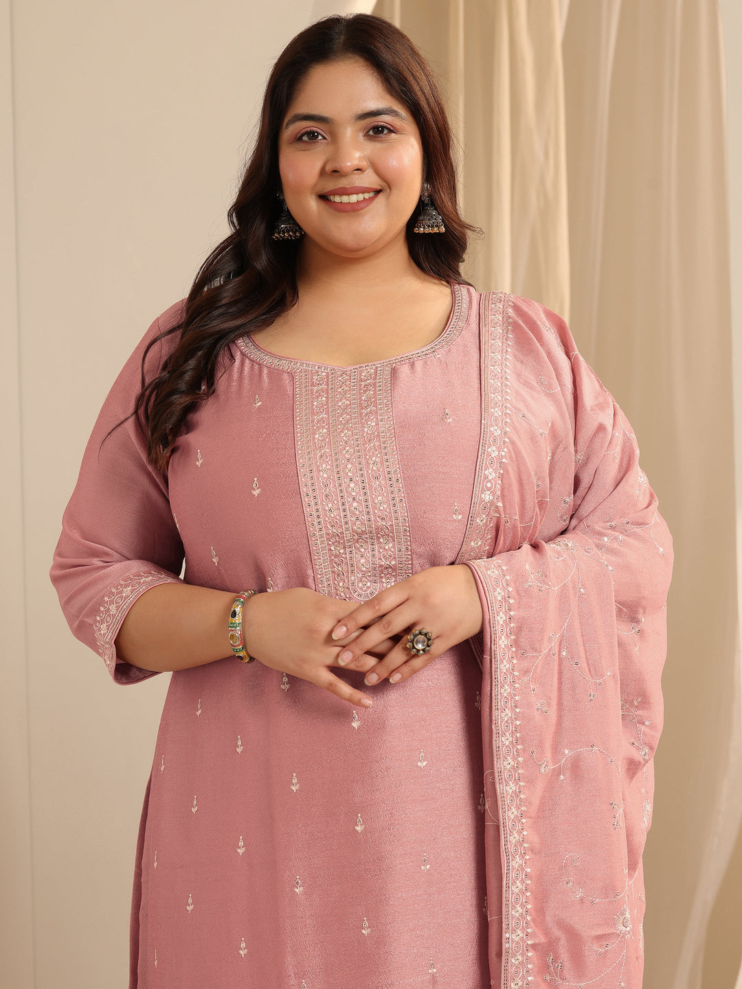 Peach Embroidered Silk blend Straight Suit Set With Dupatta