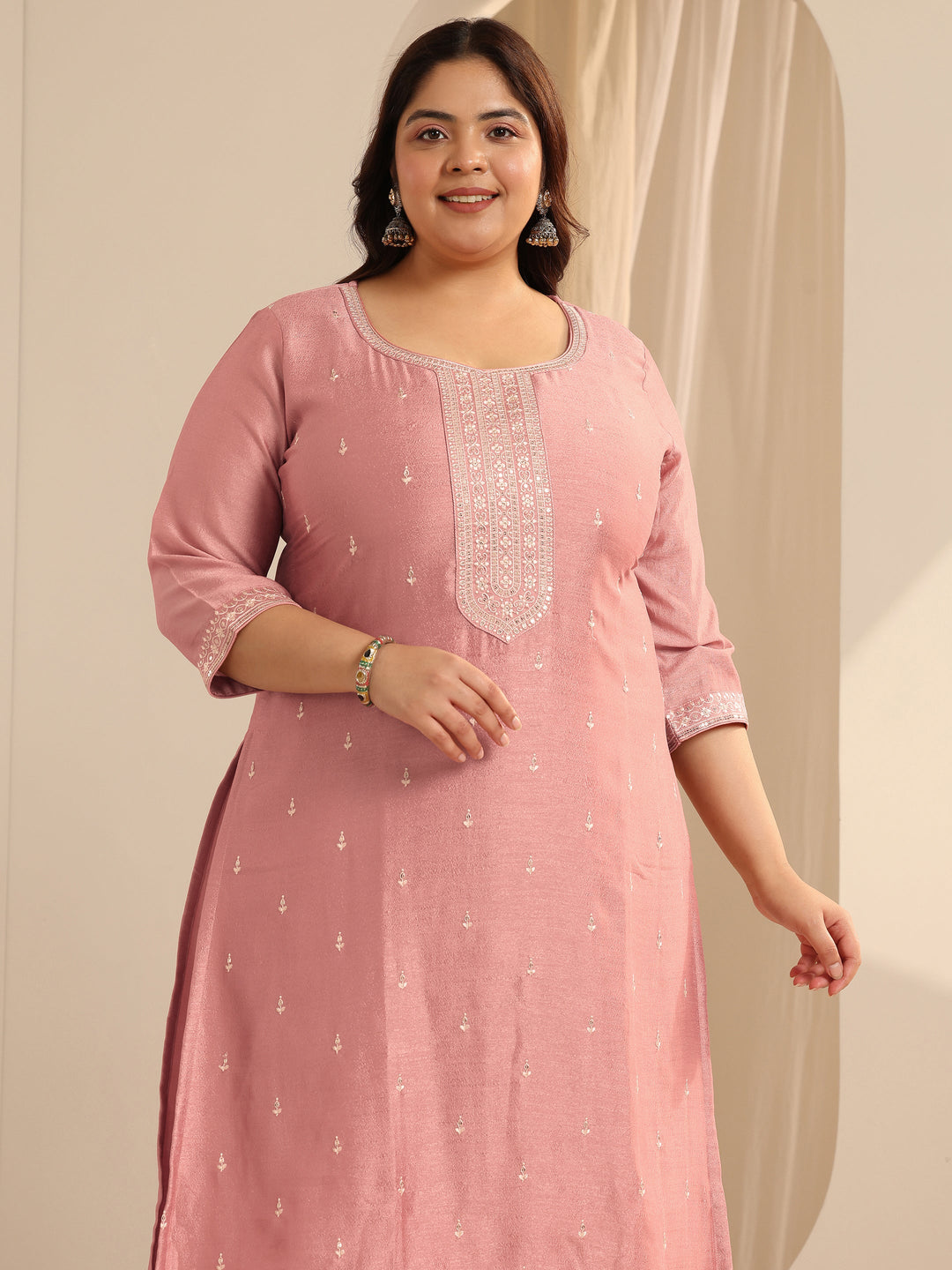 Peach Embroidered Silk blend Straight Suit Set With Dupatta