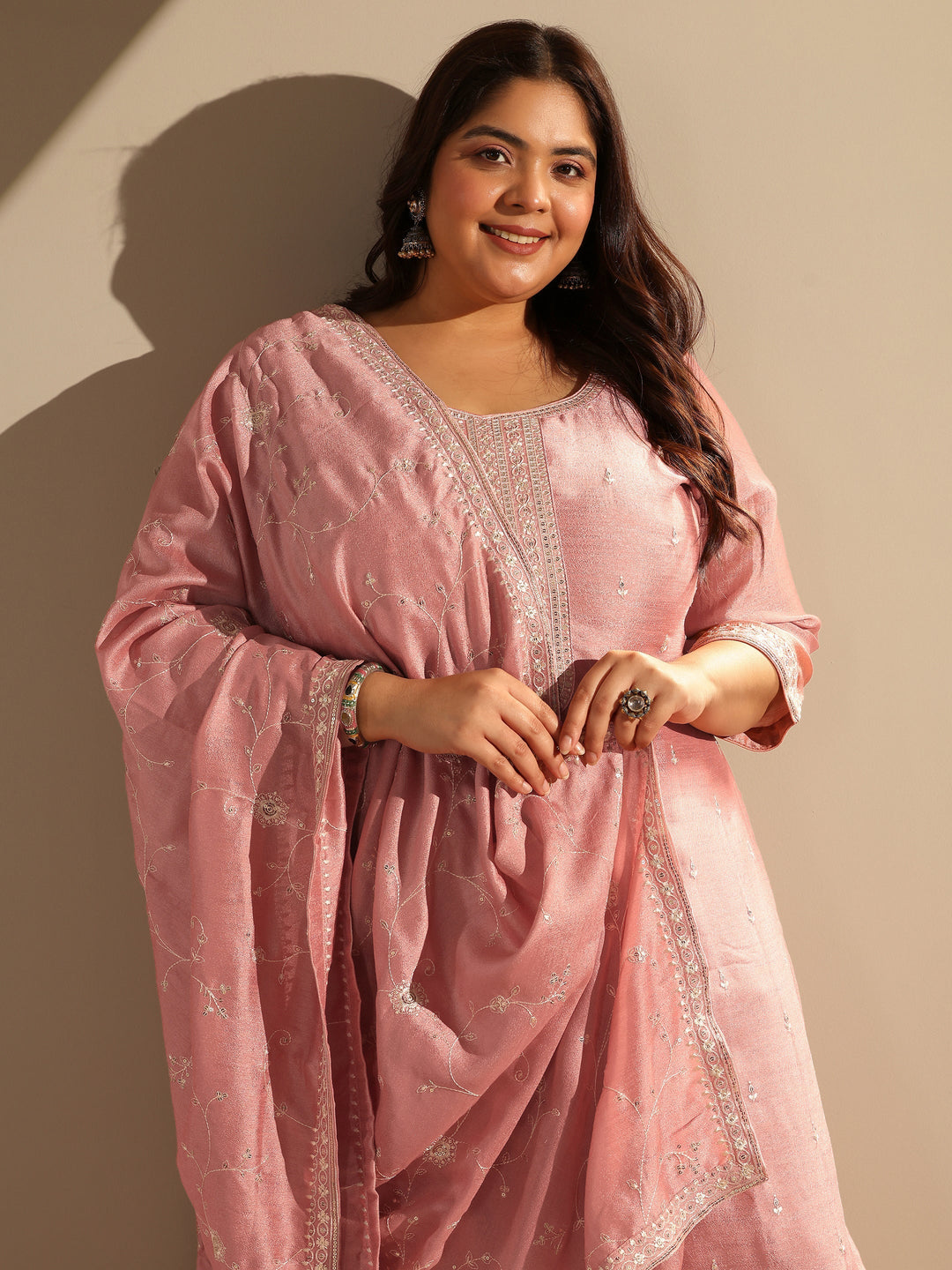 Peach Embroidered Silk blend Straight Suit Set With Dupatta