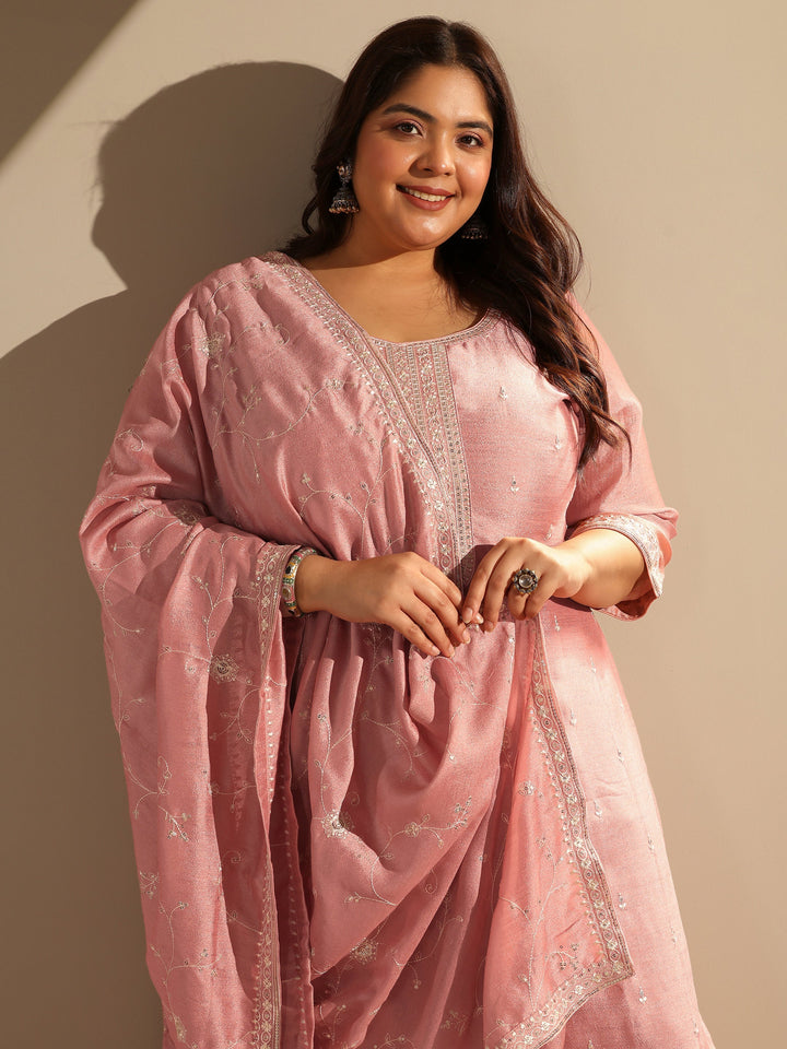 Peach Embroidered Silk blend Straight Suit Set With Dupatta