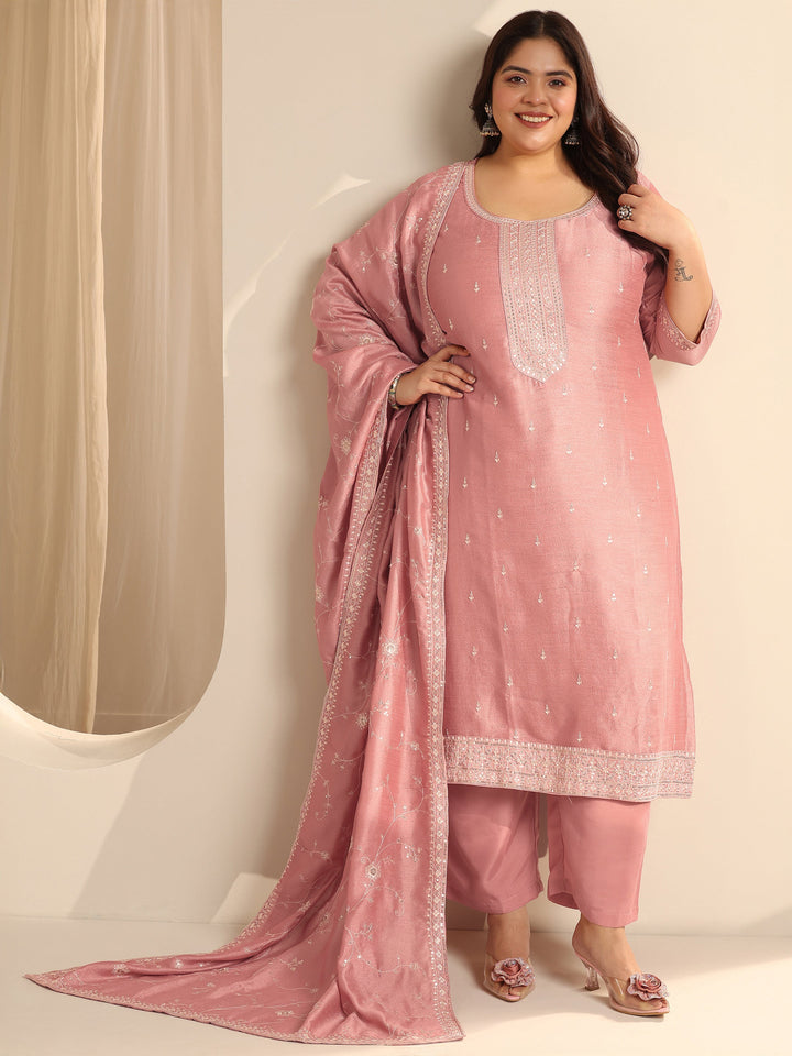 Peach Embroidered Silk blend Straight Suit Set With Dupatta