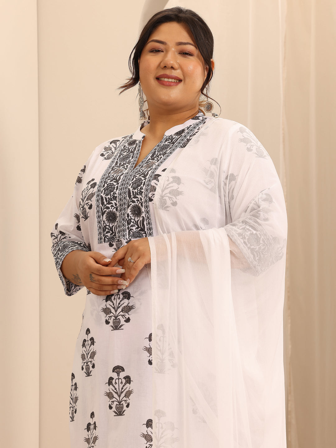 Plus Size White Printed Cotton Straight Suit Set With Dupatta