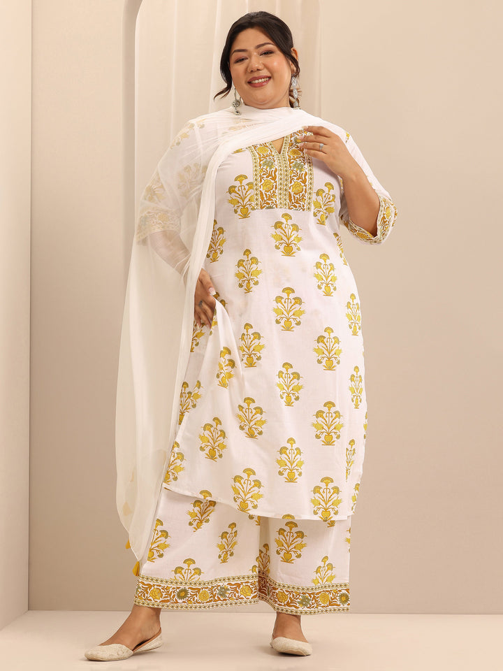 Plus Size White Printed Cotton Straight Suit Set With Dupatta