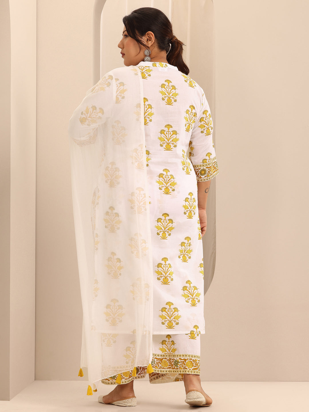 Plus Size White Printed Cotton Straight Suit Set With Dupatta