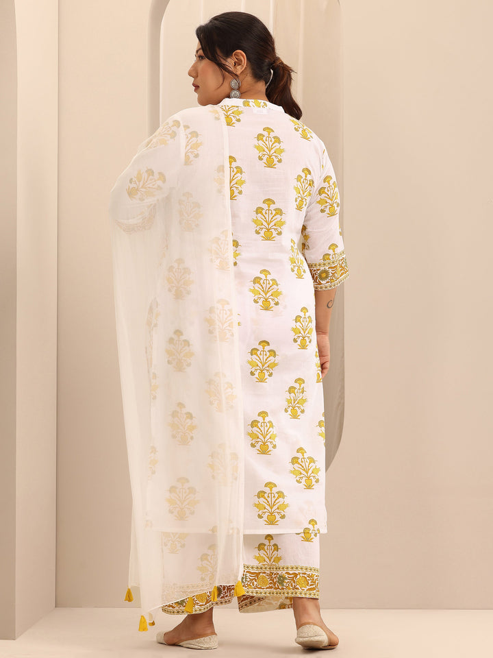 Plus Size White Printed Cotton Straight Suit Set With Dupatta