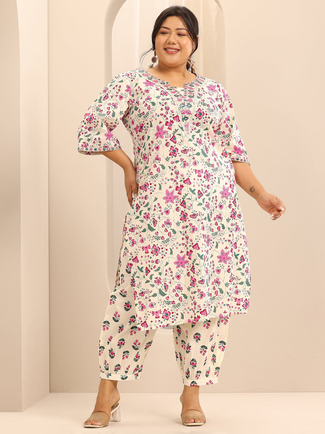 Plus Size Off White Printed Cotton Straight Kurta Set