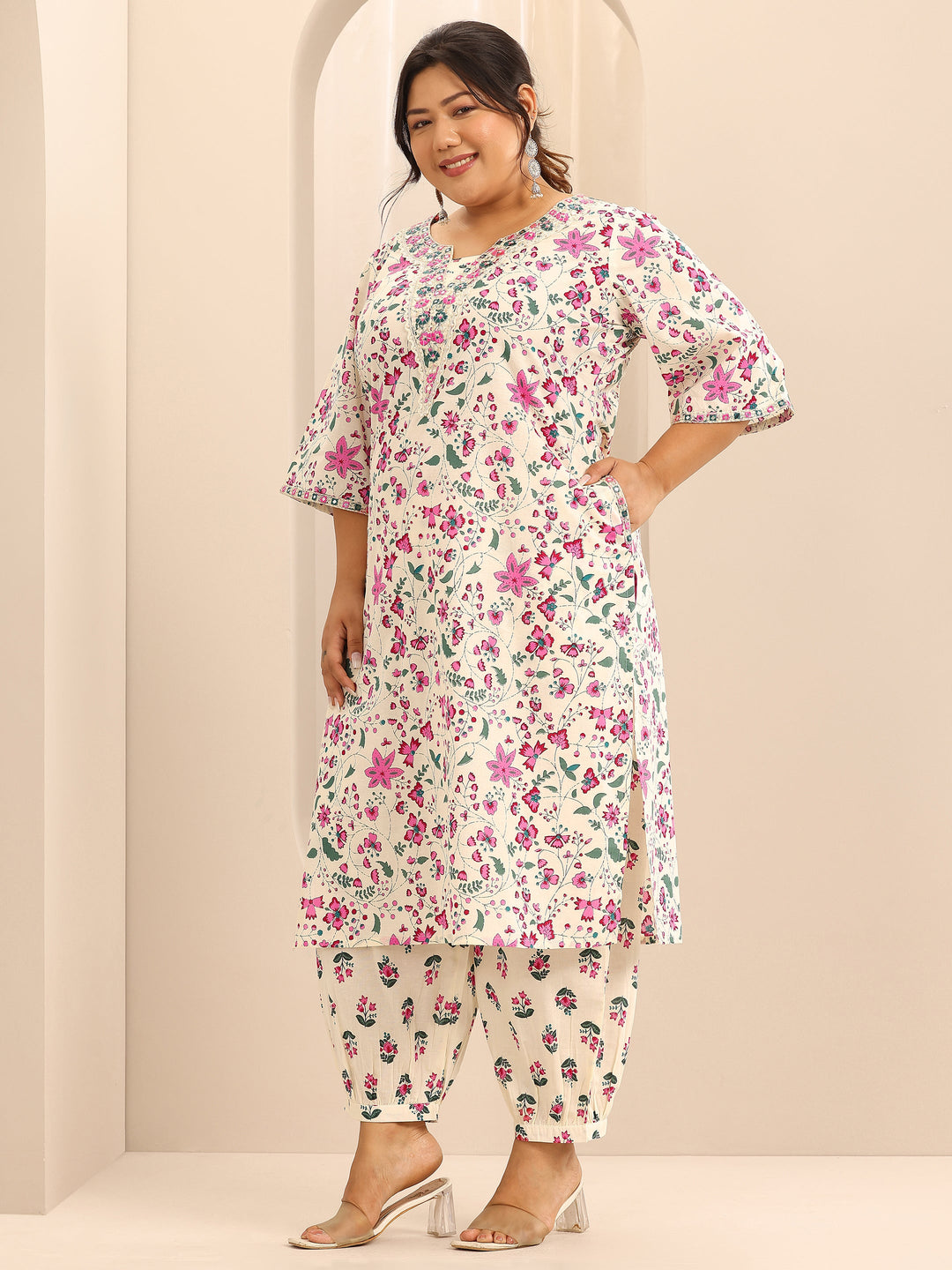Plus Size Off White Printed Cotton Straight Kurta Set