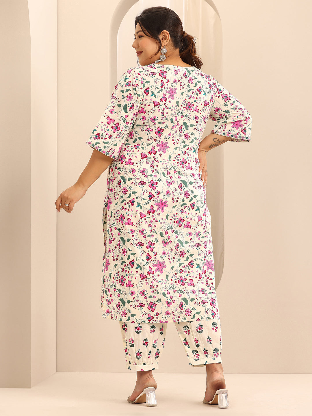 Plus Size Off White Printed Cotton Straight Kurta Set