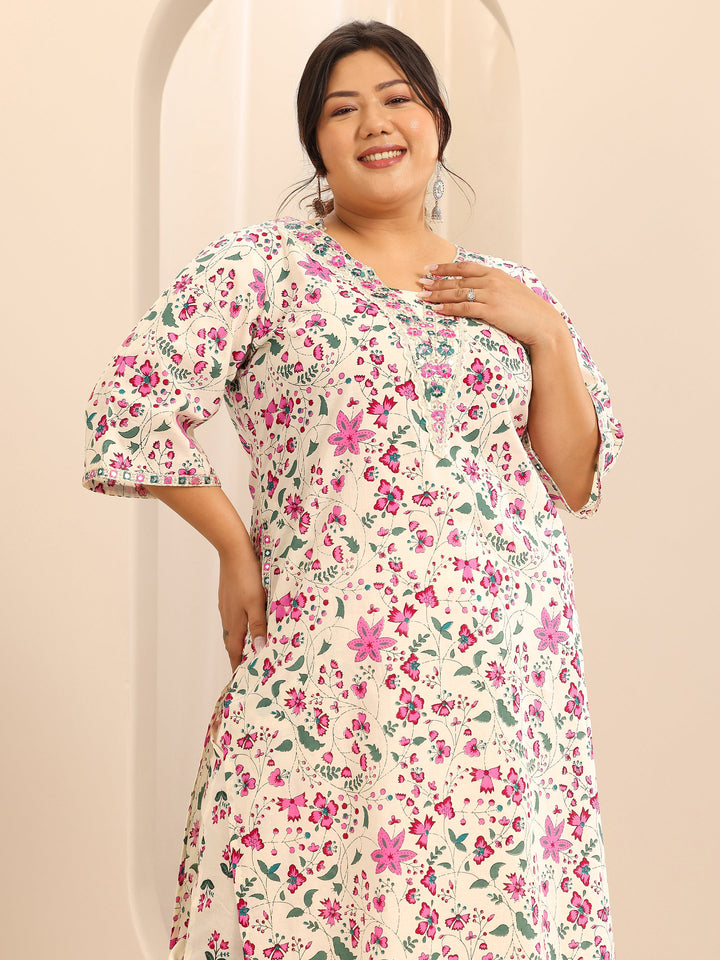 Plus Size Off White Printed Cotton Straight Kurta Set