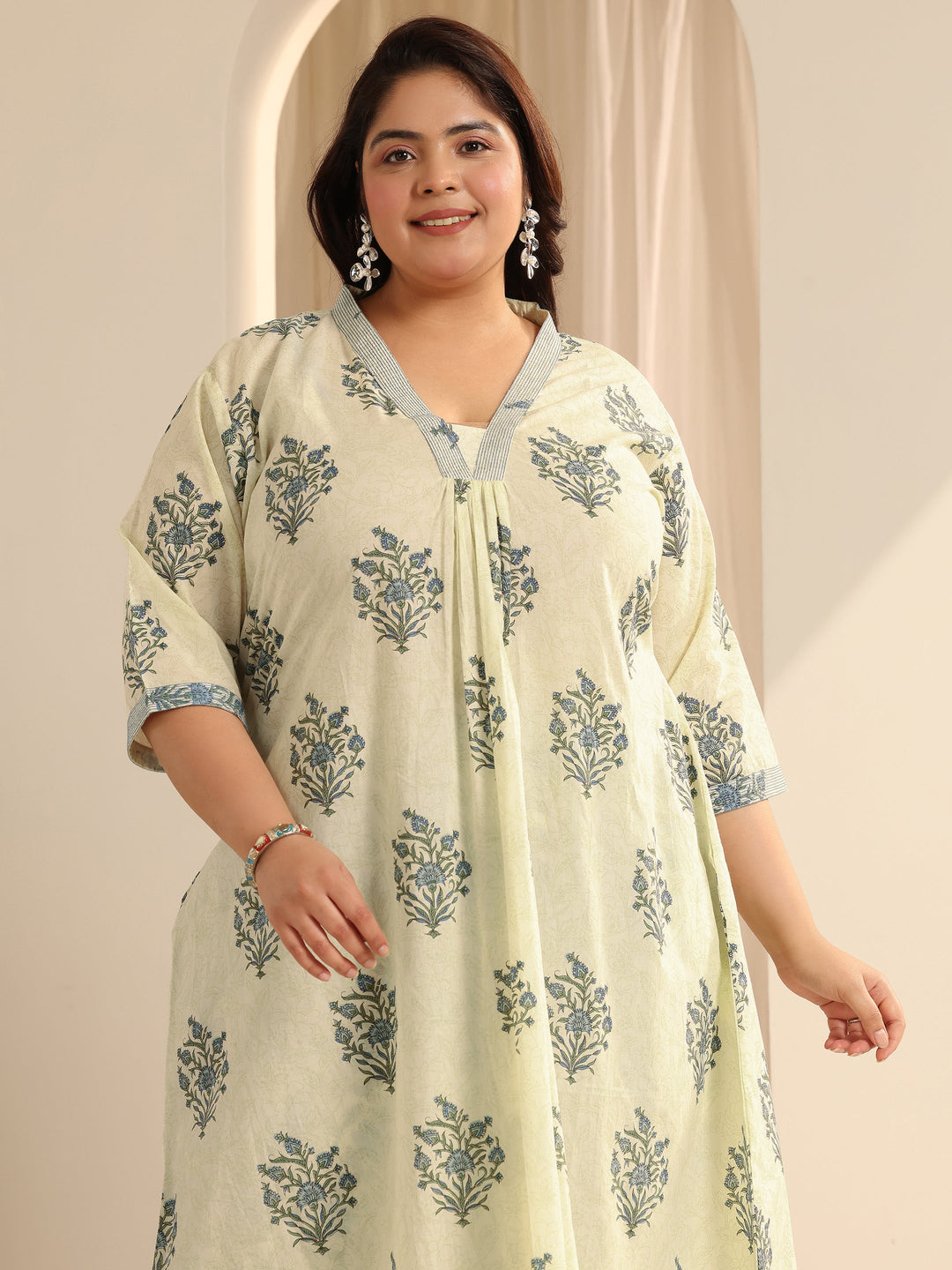 Off White Printed Cotton Blend A-Line Kurta Set